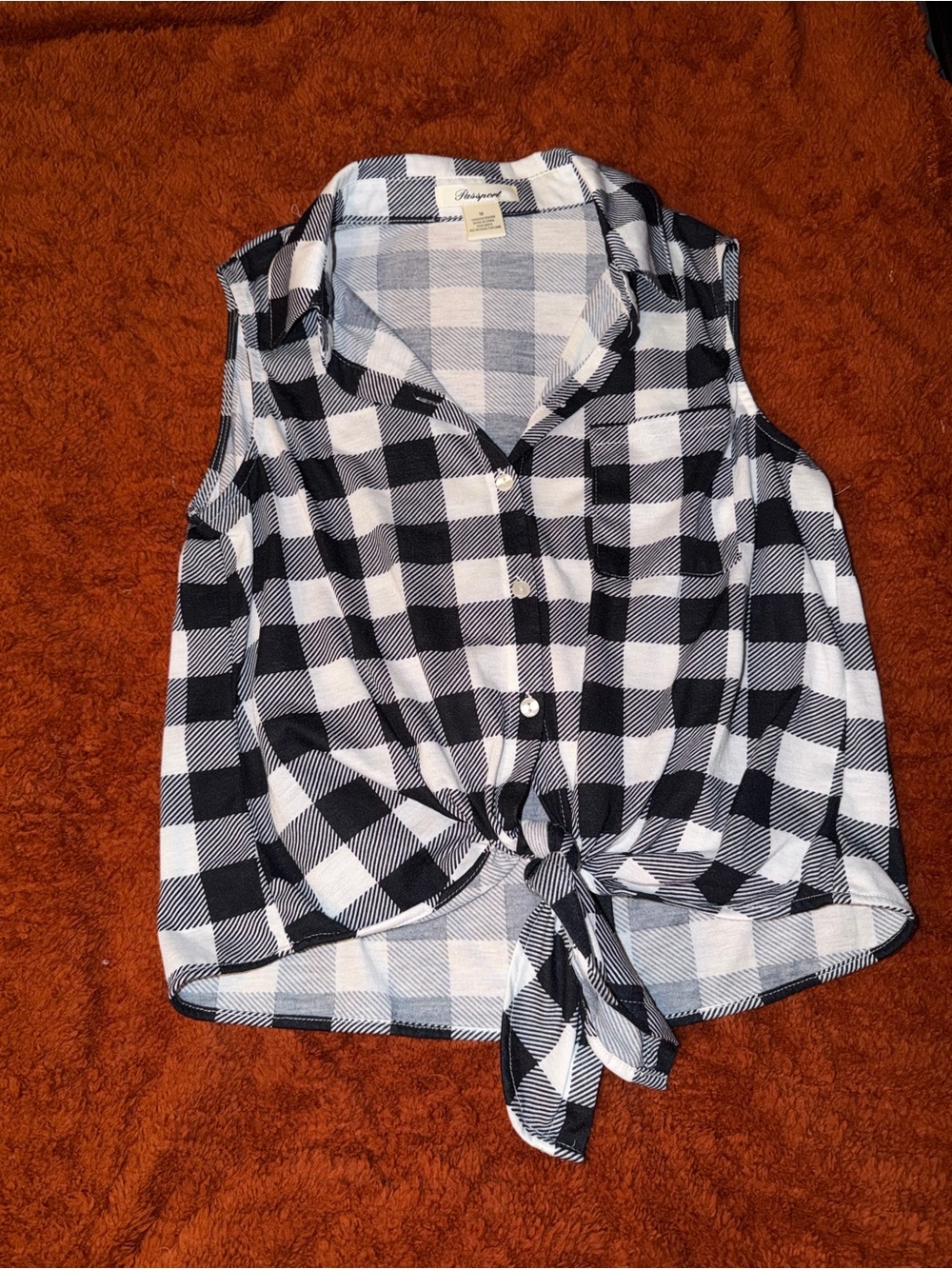 Passport Black & White Plaid Sleeveless Tie-Front Button Down Top